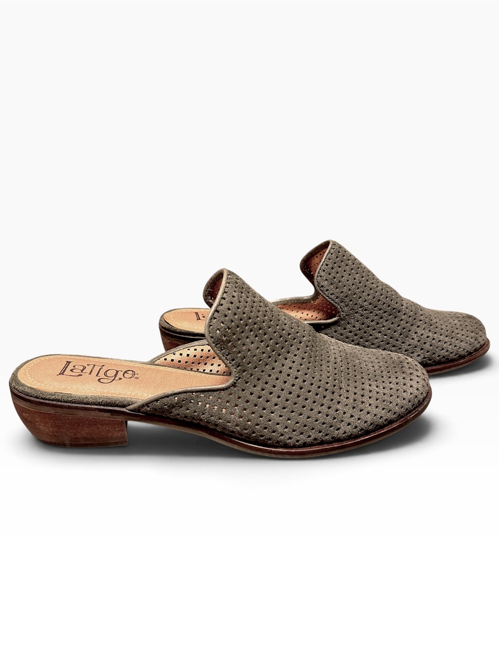 Anthropologie Latigo Ilka2 Perforated Suede Slip On Mules Olive Gray Boho 9.5
